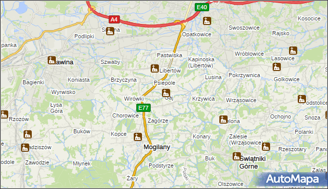 mapa Gaj gmina Mogilany, Gaj gmina Mogilany na mapie Targeo