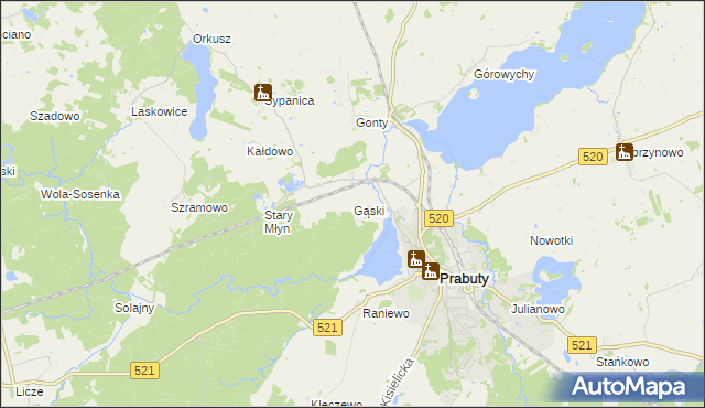 mapa Gąski gmina Prabuty, Gąski gmina Prabuty na mapie Targeo