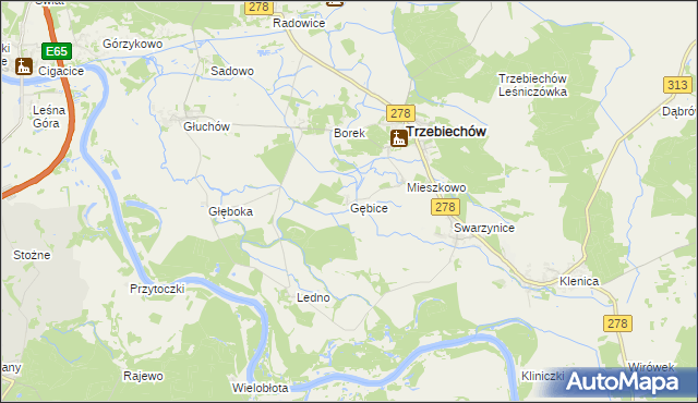 mapa Gębice gmina Trzebiechów, Gębice gmina Trzebiechów na mapie Targeo