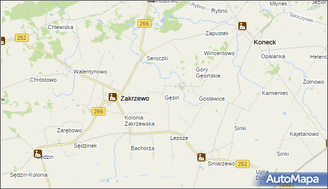 mapa Gęsin gmina Zakrzewo, Gęsin gmina Zakrzewo na mapie Targeo