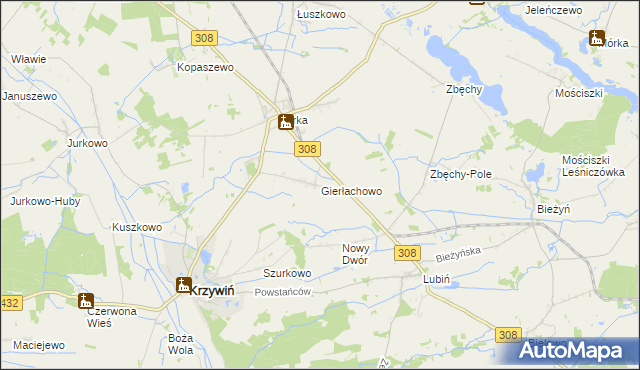 mapa Gierłachowo gmina Krzywiń, Gierłachowo gmina Krzywiń na mapie Targeo