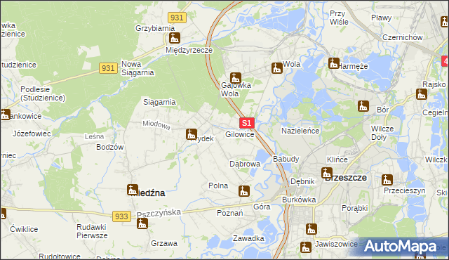 mapa Gilowice gmina Miedźna, Gilowice gmina Miedźna na mapie Targeo