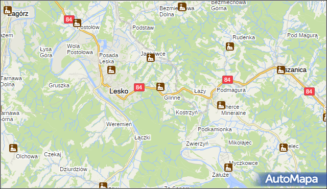 mapa Glinne gmina Lesko, Glinne gmina Lesko na mapie Targeo