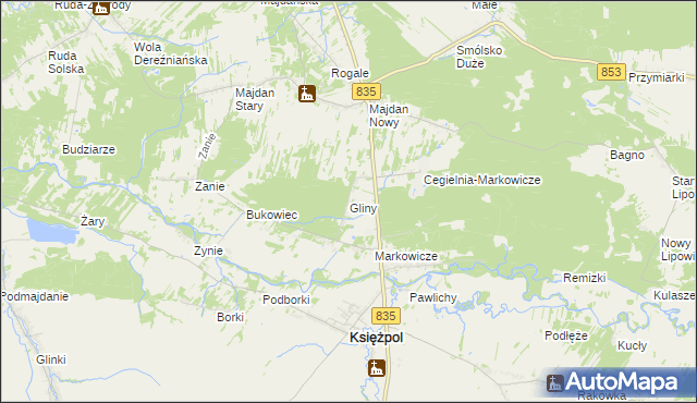 mapa Gliny gmina Księżpol, Gliny gmina Księżpol na mapie Targeo