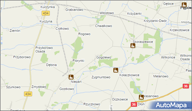 mapa Gogolewo gmina Krobia, Gogolewo gmina Krobia na mapie Targeo