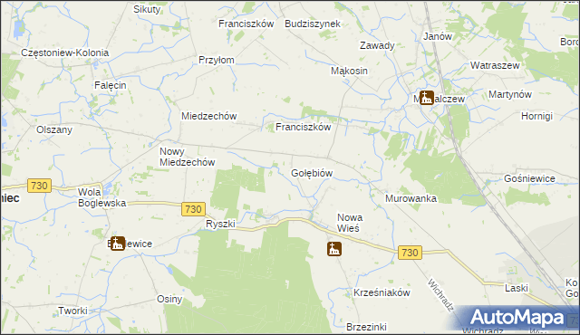 mapa Gołębiów gmina Jasieniec, Gołębiów gmina Jasieniec na mapie Targeo