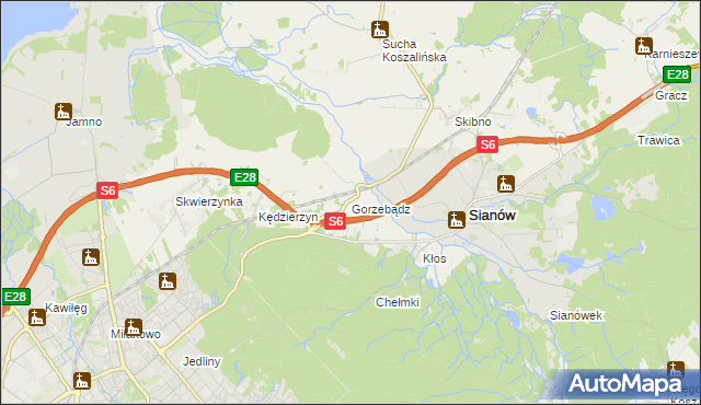 mapa Gorzebądz gmina Sianów, Gorzebądz gmina Sianów na mapie Targeo