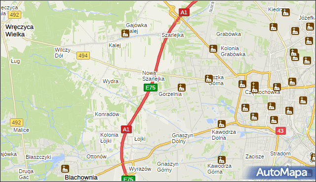 mapa Gorzelnia gmina Blachownia, Gorzelnia gmina Blachownia na mapie Targeo