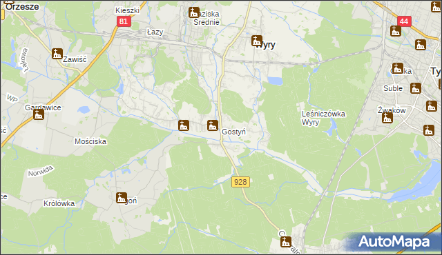 mapa Gostyń gmina Wyry, Gostyń gmina Wyry na mapie Targeo