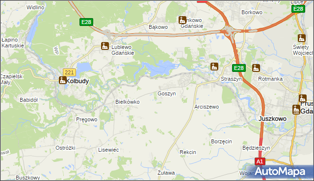 mapa Goszyn gmina Pruszcz Gdański, Goszyn gmina Pruszcz Gdański na mapie Targeo