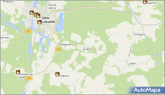 mapa Grabno gmina Ośno Lubuskie, Grabno gmina Ośno Lubuskie na mapie Targeo