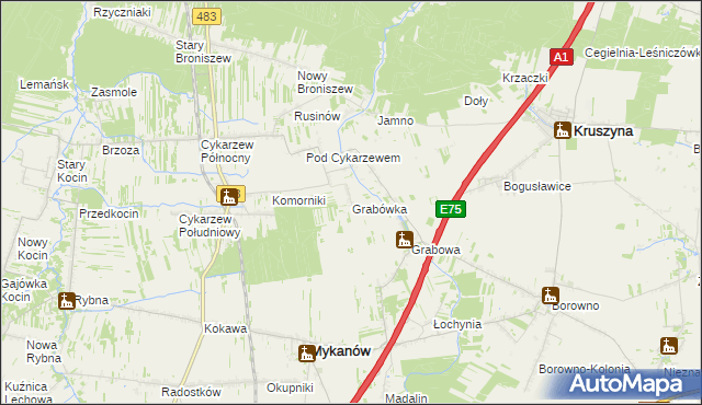 mapa Grabówka gmina Mykanów, Grabówka gmina Mykanów na mapie Targeo