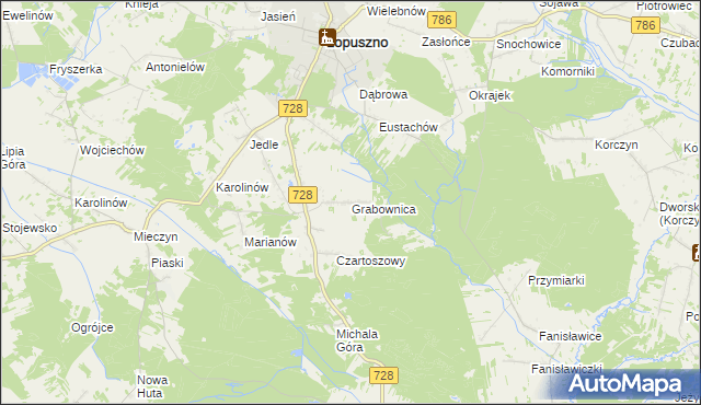 mapa Grabownica gmina Łopuszno, Grabownica gmina Łopuszno na mapie Targeo