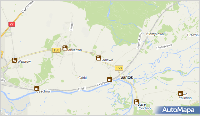 mapa Gralewo gmina Santok, Gralewo gmina Santok na mapie Targeo