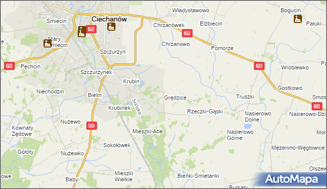 mapa Grędzice gmina Ciechanów, Grędzice gmina Ciechanów na mapie Targeo