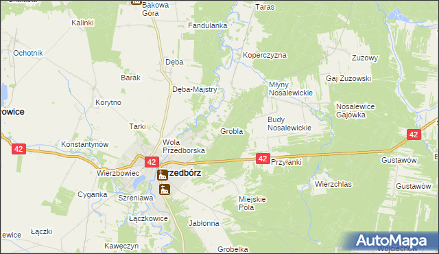 mapa Grobla gmina Przedbórz, Grobla gmina Przedbórz na mapie Targeo