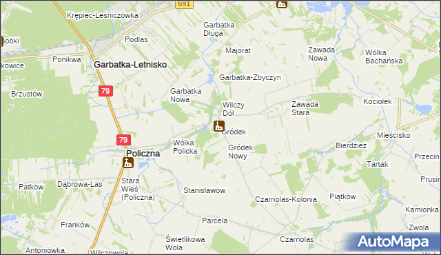 mapa Gródek gmina Policzna, Gródek gmina Policzna na mapie Targeo