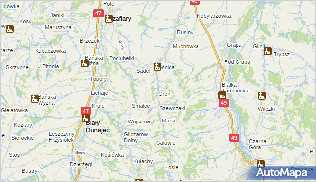 mapa Groń gmina Bukowina Tatrzańska, Groń gmina Bukowina Tatrzańska na mapie Targeo