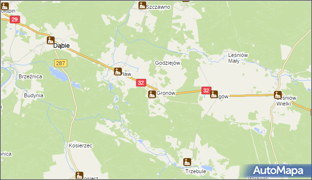 mapa Gronów gmina Dąbie, Gronów gmina Dąbie na mapie Targeo