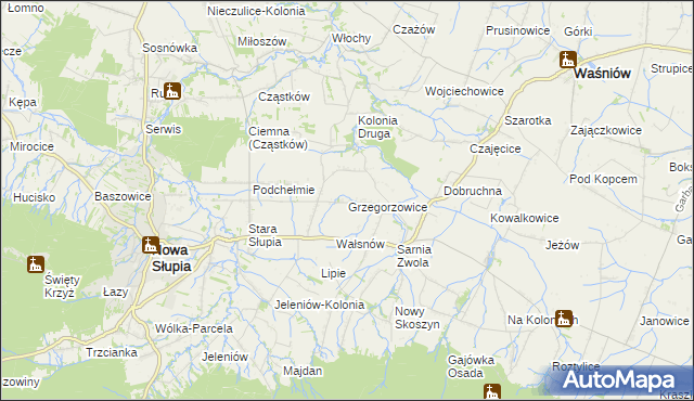 mapa Grzegorzowice gmina Waśniów, Grzegorzowice gmina Waśniów na mapie Targeo