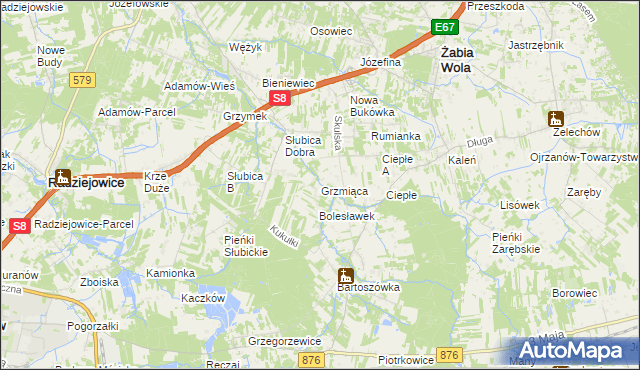 mapa Grzmiąca gmina Żabia Wola, Grzmiąca gmina Żabia Wola na mapie Targeo