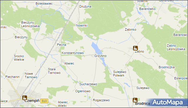 mapa Grzybno gmina Brodnica, Grzybno gmina Brodnica na mapie Targeo
