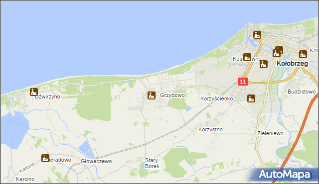 mapa Grzybowo gmina Kołobrzeg, Grzybowo gmina Kołobrzeg na mapie Targeo