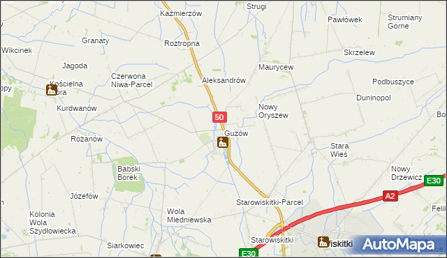 mapa Guzów gmina Wiskitki, Guzów gmina Wiskitki na mapie Targeo