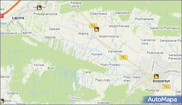 mapa Hucisko gmina Bodzentyn, Hucisko gmina Bodzentyn na mapie Targeo