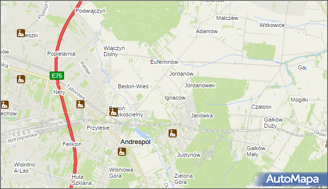 mapa Ignaców gmina Brzeziny, Ignaców gmina Brzeziny na mapie Targeo