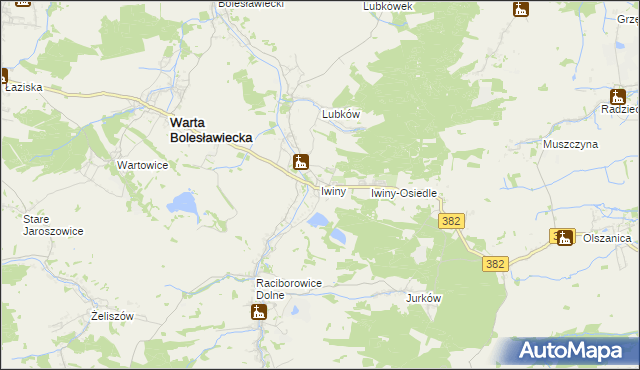 mapa Iwiny gmina Warta Bolesławiecka, Iwiny gmina Warta Bolesławiecka na mapie Targeo