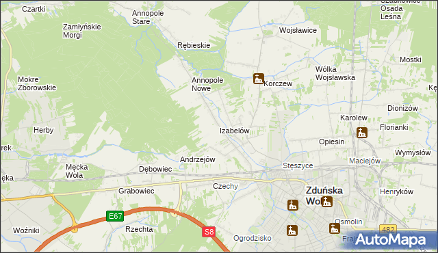 mapa Izabelów gmina Zduńska Wola, Izabelów gmina Zduńska Wola na mapie Targeo
