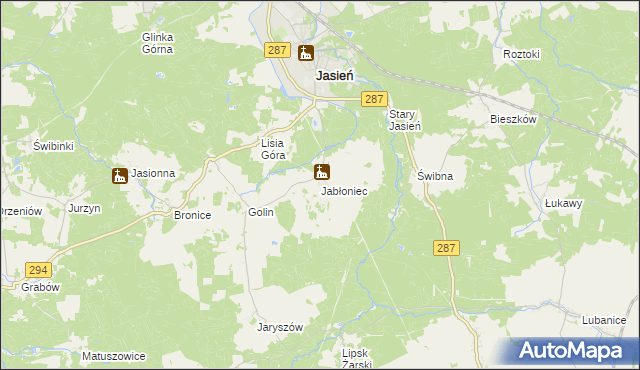 mapa Jabłoniec gmina Jasień, Jabłoniec gmina Jasień na mapie Targeo