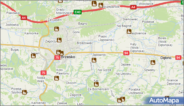 mapa Jadowniki gmina Brzesko, Jadowniki gmina Brzesko na mapie Targeo