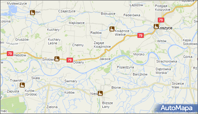 mapa Jaksice gmina Koszyce, Jaksice gmina Koszyce na mapie Targeo