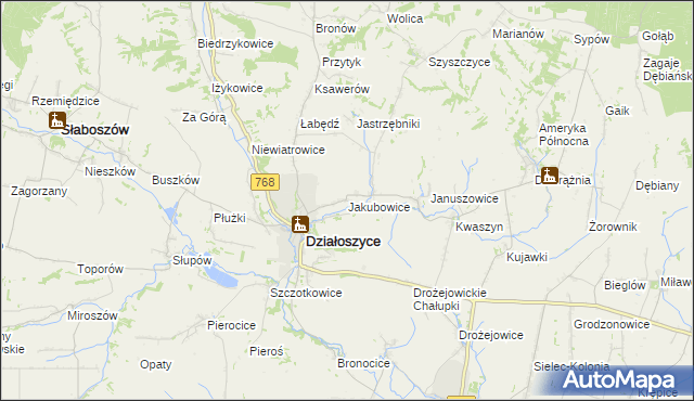 mapa Jakubowice gmina Działoszyce, Jakubowice gmina Działoszyce na mapie Targeo