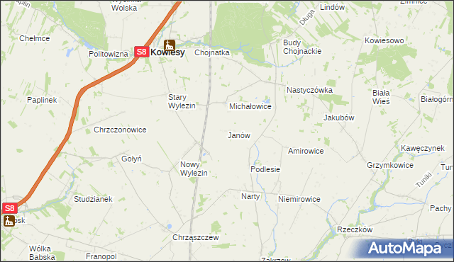 mapa Janów gmina Kowiesy, Janów gmina Kowiesy na mapie Targeo
