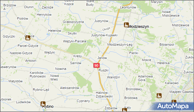 mapa Janów gmina Młodzieszyn, Janów gmina Młodzieszyn na mapie Targeo