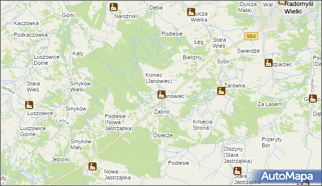 mapa Janowiec gmina Radomyśl Wielki, Janowiec gmina Radomyśl Wielki na mapie Targeo