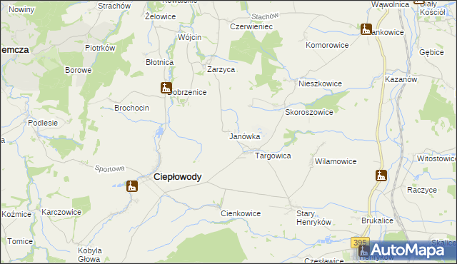 mapa Janówka gmina Ciepłowody, Janówka gmina Ciepłowody na mapie Targeo