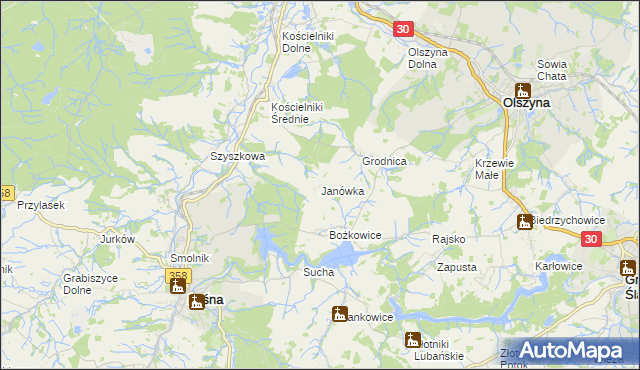 mapa Janówka gmina Leśna, Janówka gmina Leśna na mapie Targeo