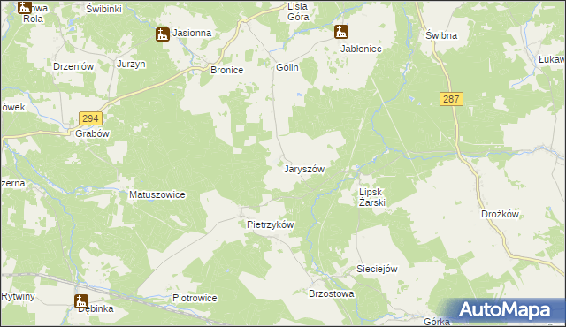 mapa Jaryszów gmina Jasień, Jaryszów gmina Jasień na mapie Targeo