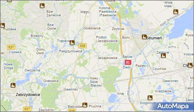 mapa Jarząbkowice gmina Pawłowice, Jarząbkowice gmina Pawłowice na mapie Targeo