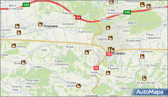 mapa Jasień gmina Brzesko, Jasień gmina Brzesko na mapie Targeo