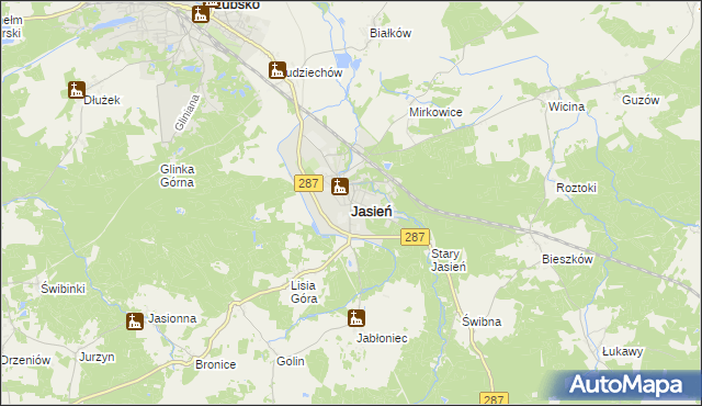 mapa Jasień powiat żarski, Jasień powiat żarski na mapie Targeo