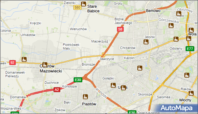 mapa Jawczyce gmina Ożarów Mazowiecki, Jawczyce gmina Ożarów Mazowiecki na mapie Targeo