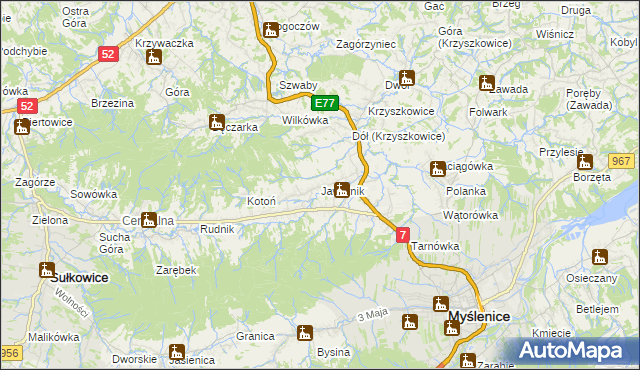 mapa Jawornik gmina Myślenice, Jawornik gmina Myślenice na mapie Targeo