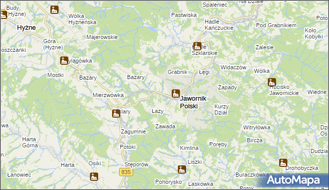 mapa Jawornik Polski, Jawornik Polski na mapie Targeo