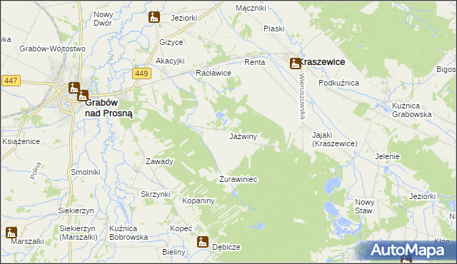 mapa Jaźwiny gmina Kraszewice, Jaźwiny gmina Kraszewice na mapie Targeo