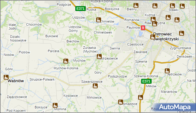 mapa Jędrzejowice gmina Bodzechów, Jędrzejowice gmina Bodzechów na mapie Targeo